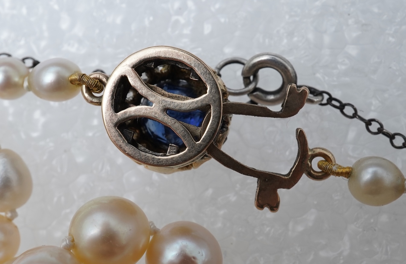 A cultured pearl, sapphire and diamond necklace, 19th century and later